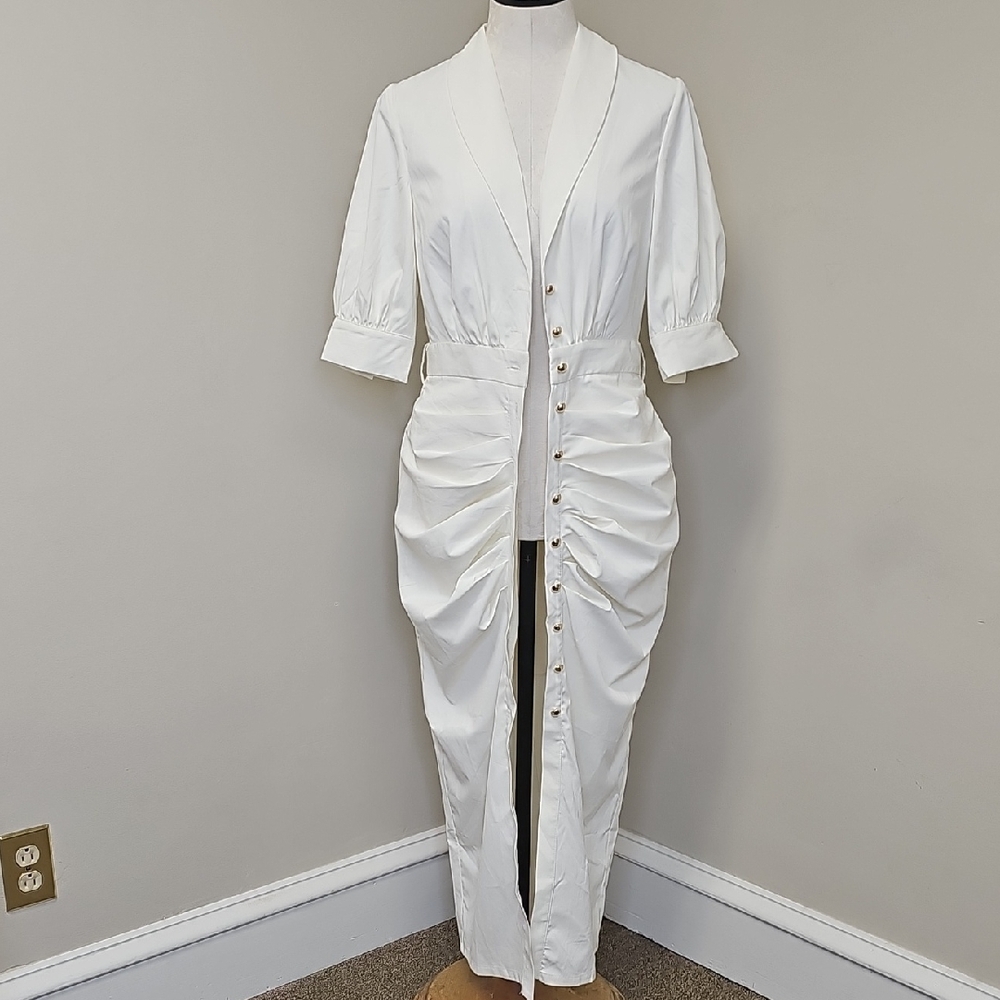 Stylish White Ruched Midi Dress